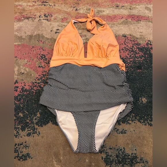 Elegant Halter One Piece Swimsuit in Peach and Black Stripes - Picture 1 of 3